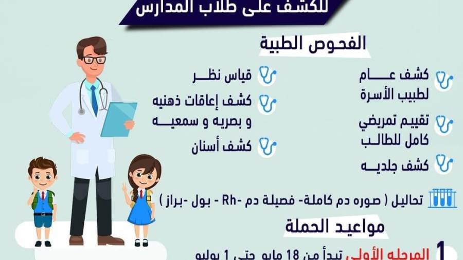 الرعاية الصحية تعلن بدء الحملة المجانية للكشف الطبي على طلاب